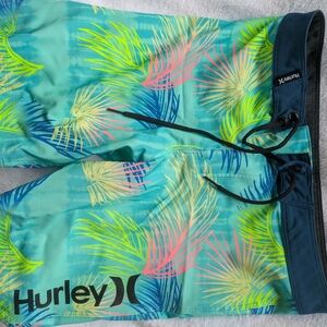 Hurley Boys Teal Swim Trunks with Neon Palm Print